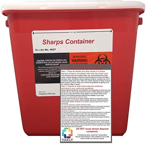 Sharps Container 2 Gallon - Plus Vakly Biohazard Disposal Guide (1 Pack)