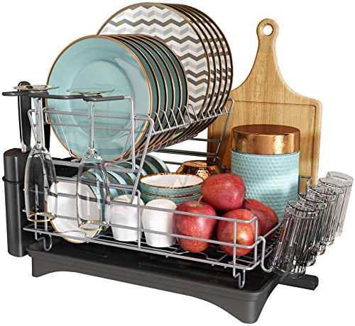 Dish Drying Rack, Draconite 2 Tier Stainless Steel Dish Rack and Drainboard Set Large with Utensil Holder, Cutting Board Holder and Dish Drainer for Kitchen Counter(Black, Fully Customizable)