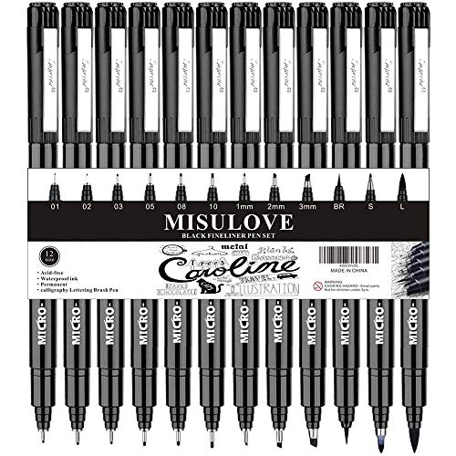 MISULOV Micro-Pen Fineliner Ink Pen Set, Waterproof Archival Ink Micro Fine Point Drawing Pens for Sketching, Calligraphy, Anime, Illustration, Technical Drawing, Bullet Journaling, Black, 12/Set