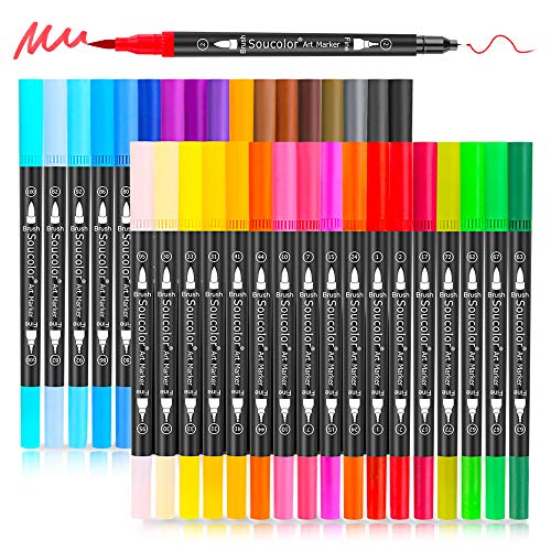 Artist Brush Markers Pens for Adult Coloring Books, 34 Colors Dual Tip (Brush and Fineliner) Art Marker Pen for Note taking Planner Hand Lettering Calligraphy Drawing Writing Sketching Journaling