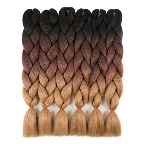 RAYIIS 6 Packs Ombre Braiding Hair Kanekalon Synthetic Braiding Hair Extensions 24 inch Black-Dark brown-Light brown
