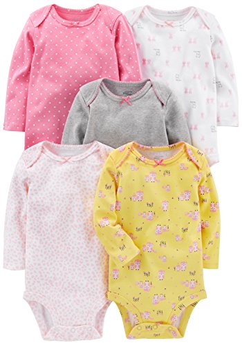 Simple Joys by Carter's Baby Girls' 5-Pack Long-Sleeve Bodysuit, Pink, Gray, White, Yellow, 0-3 Months