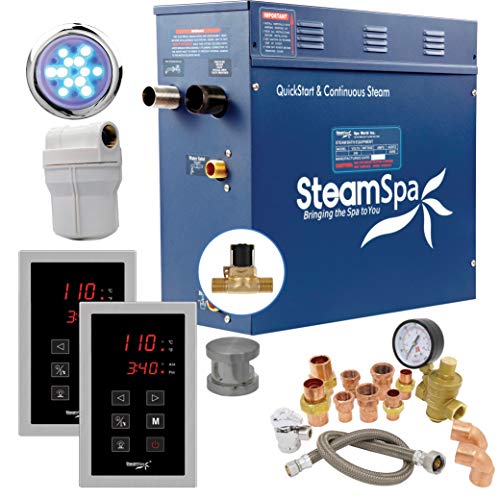 SteamSpa Executive 9 KW QuickStart Acu-Steam Bath Generator Package with Built-in Auto Drain in Brushed Nickel | Steam Generator Kit with Dual Control Panel Steamhead 240V | EXT900BN-A