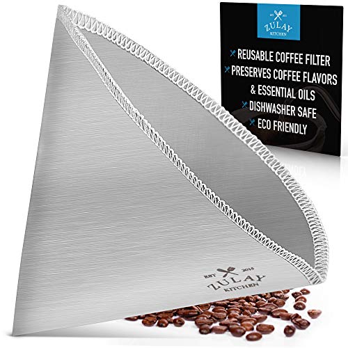 Zulay Reusable Pour Over Coffee Filter - Flexible Stainless Steel Mesh Coffee Filter Reusable - Permanent Paperless Metal Coffee Filter Cone for Hario, Chemex, Ovalware, and Other Carafes (1-2 Cup)