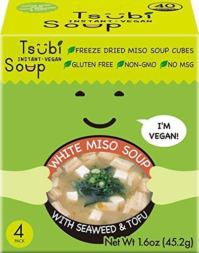 Tsubi Miso Soup FREEZE DRIED, VEGAN INSTANT SOUP, LOW CARB NON-GMO GLUTEN FREE NO MSG, 6 oz Servings (White Miso w/Seaweed & Tofu, 4 Pack (Box))