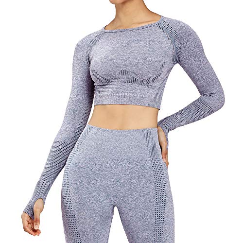 Women's Workout Vital Long Sleeve Seamless Crop Top Gym Sport Shirts (Steel Blue Marl, Medium)