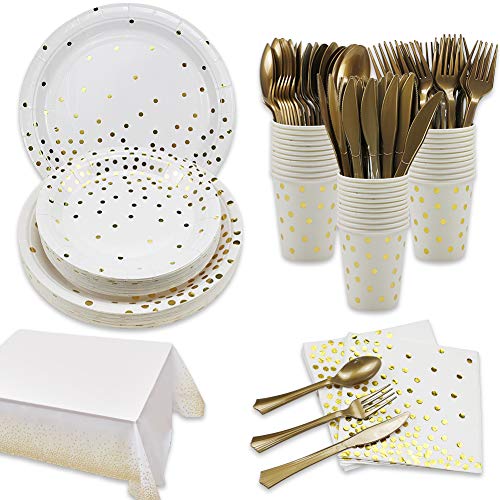 White and Gold Party Supplies Disposable Paper Dinnerware Set Serves 24-Gold Paper Plates Napkins Cups with Gold Plastic Silverware Sets for Wedding Birthday Holiday Parties Over The Hill Party