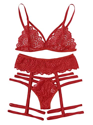 WDIRARA Women's Sexy Floral Lace Scalloped Trim Panty Lingerie Set Red S