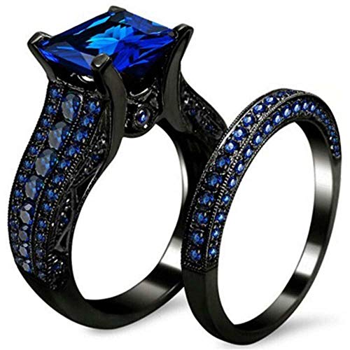 Jude Jewelers Black Princess Cut Two-in-One Wedding Engagement Proposal Anniversary Bridal Ring Set (Blue, 9)