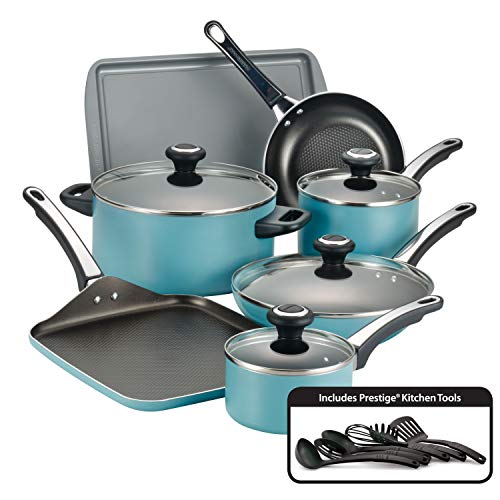 Farberware High Performance Nonstick Cookware Pots and Pans Set Dishwasher Safe, 17 Piece, Aqua