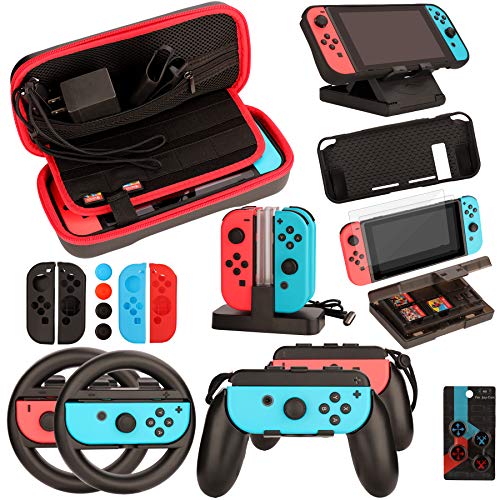 Switch Accessories Bundle for Nintendo Switch: Carrying Case, Screen Protector, Joycon Grips & Steering Wheels, Charging Dock, Playstand, Comfort Joy-Con Case & More (23 in 1)