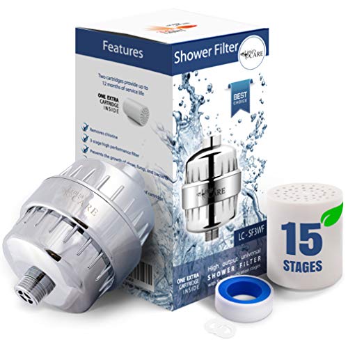 15 Stage Shower Filter - Shower Head Filter - Chlorine Filter - Hard Water Filter - Water Softener - Showerhead Filter - 2 Replaceable Filter Cartridges - Water Filter For Shower Head - Chrome