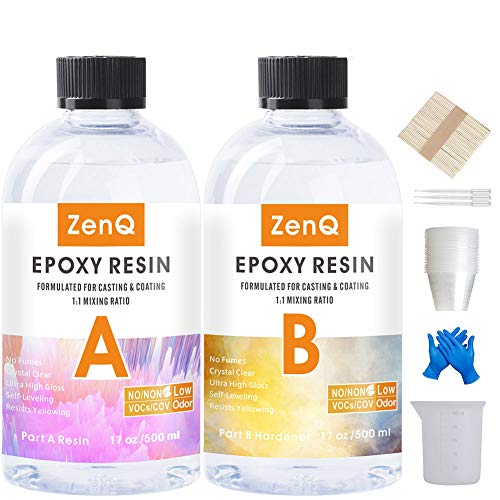 ZenQ Clear Epoxy Resin Kit 34oz - Crystal Clear Casting Coating Epoxy Resin for Jewelry, Tumblers, Art, Crafts - Includes 20 Measuring Cups, 100 Mixing Sticks, 10 Pipettes and 2 Silicone Mixing Cups