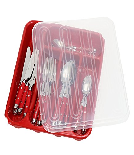 Zilpoo Flatware Storage Plastic Tray with Lid, Kitchen Cutlery Accessories Box, Utensil Drawer Organizer Container with Cover, Christmas Flatware Holder, College Dorm Room Organization Essentials, Red