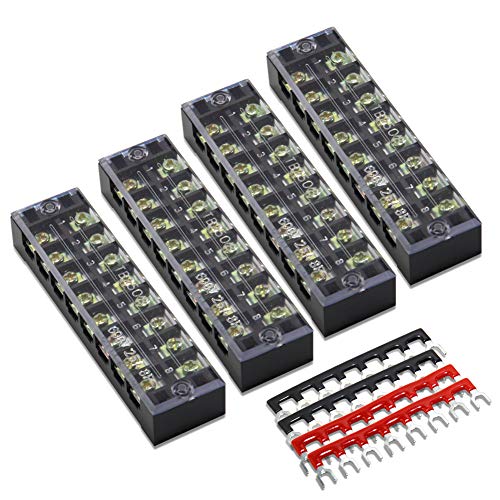 8pcs (4 Sets) 8 Positions Dual Row 600V 25A Screw Terminal Strip Blocks with Cover + 400V 25A 8 Positions Pre-Insulated Terminals Barrier Strip (Black & Red) by MILAPEAK