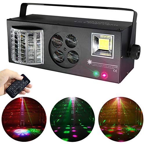 Stage Lights,MARYGEL 4 in 1 Mixed Effect Sound Activated RGBW LED Pattern Lights Strobe Light By Remote and DMX Control for DJ Club Disco Party Wedding Birthday Christmas(Black)