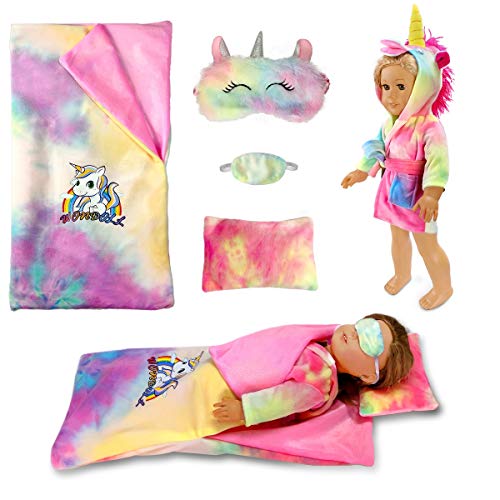 18-inch Doll-Clothes and Doll-Sleeping-Bag Set - Unicorn-Pajama with Matching Sleepover Masks & Pillow - Compatible with American-Girl-Doll-Clothes, Our-Generation, My-Life Dolls Accessories for Kids