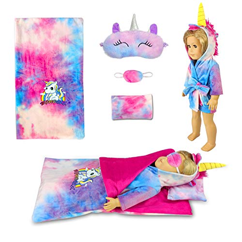 WONDOLL 18-inch Doll-Clothes and Doll-Sleeping-Bag Set - Unicorn-Pajama with Matching Sleepover Masks & Pillow - Compatible with American-Girl-Doll-Clothes, Our-Generation, My-Life Dolls