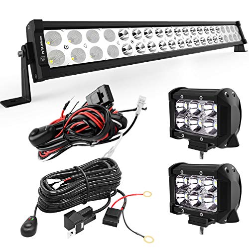 YITAMOTOR LED Light Bar 24 inches 120W Light Bar Combo & 2pc 18W Spot Pod Lights & Wiring Harnesses Compatible for Jeep, Pickup, Off Road, Truck, 4X4, ATV, Boat, Motorcycle, Trailer, IP68 Waterproof
