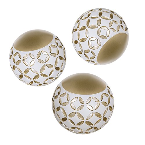 Schonwerk Diamond Lattice Decorative Orbs Set of 3 | Resin Spheres Balls Decor | 3.2” Colorful elegant orbs for bowls | Unique Dining/ Coffee Table Centerpiece | Great Gift Idea (White & Gold)