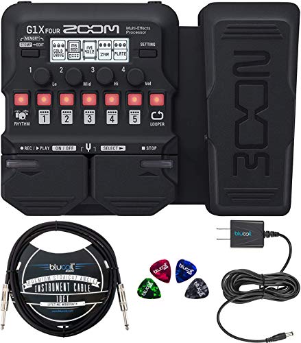 Zoom G1X FOUR Multi-Effects Processor with Expression Pedal Bundle with Guitar Lab Software, Blucoil 9V AC Adapter, 10-FT Straight Instrument Cable (1/4in), and 4-Pack of Celluloid Guitar Picks