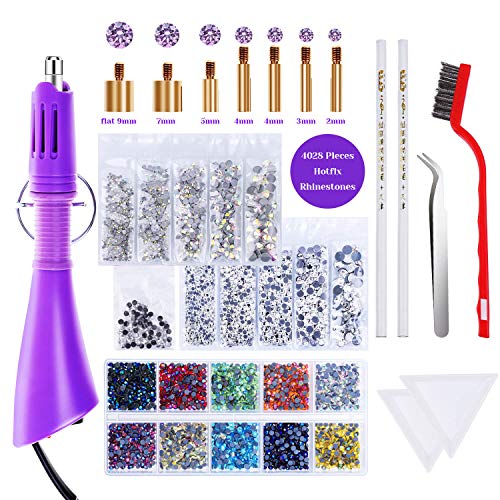 Hotfix Applicator with Rhinestones, Cridoz Hot Fix Rhinestone Applicator Tool Kit with 4028Pcs Rhinestones, 7 Different Sizes Tips, Tweezers, Rhinestone Picker Pens and Brush for Cloth Bedazzler Craft
