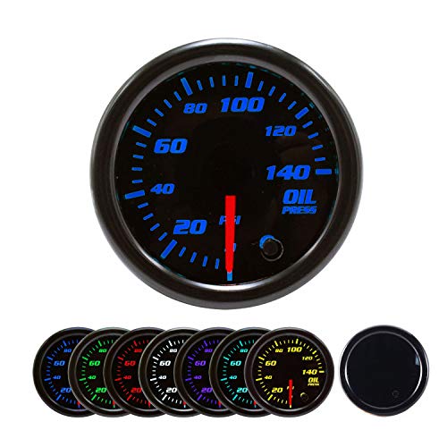 Oil Pressure Gauge Kit 7 Color 140PSI with Mechanical Oil Pressure Sensor - 2-1/16' 52mm