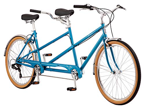 Schwinn Twinn Classic Tandem Adult Beach Cruiser Bike, Double Seater, Steel Low Step Frame, 7-Speed, 650c Urban Tires, Alloy Caliper Brakes, Medium Frame, Blue