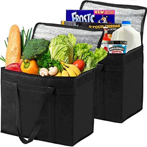 2 Insulated Grocery Bags XL Reusable, Sturdy Zipper, Stands Upright, Heavy Duty, Foldable, Washable, Eco-Friendly, 100% Lifetime Satisfaction Guarantee, Made of Recycled Materials