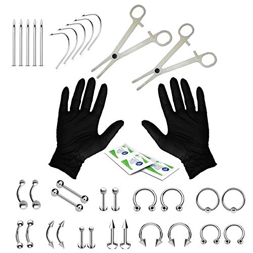 BodyJ4You 36PC Piercing Kit Steel Curved Needle 14G 16G Belly Ring Tongue Tragus Nipple Lip Nose