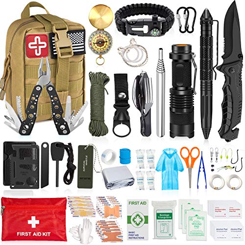 AOKIWO 126Pcs Emergency Survival First Aid Kit Professional Survival Gear Tool SOS Emergency Tactical Knife Pliers Pen Blanket Bracelets Compass with Molle Pouch for Camping Adventures (Brown)