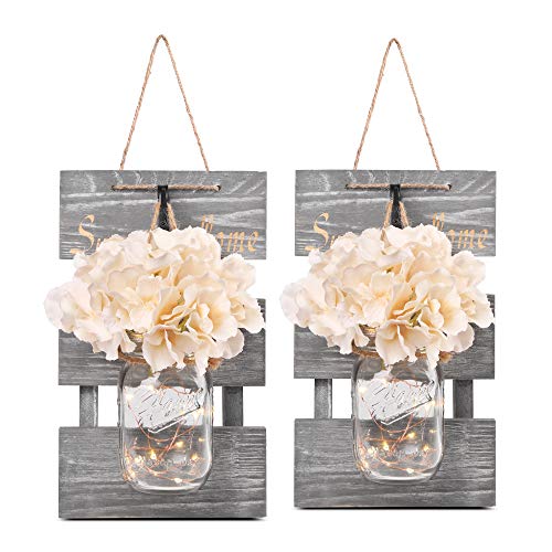 Besuerte Rustic Lighted Mason Jars for Farmhouse,Home Decor,Living Room, Bathroom, Hanging Vintage Wall Sconce 6-Hour Timer(Set of 2),Gray