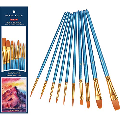 Heartybay 10Pieces Round Pointed Tip Nylon Hair Brush Set, Blue