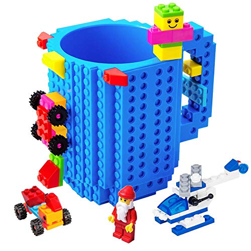 BOMENNE Build-on Brick Mug,Novelty Creative DIY building Blocks Puzzle Cups with 3 packs of Blocks,Unique Kids Party Fun mug For ALL Festival and Christmas gifts,Compatible with Lego,Blue