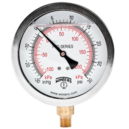 Winters PFQ Series Stainless Steel 304 Dual Scale Liquid Filled Pressure Gauge with Brass Internals, 30' Hg Vacuum-0-30 psi/kpa,4' Dial Display, +/- 1.5% Accuracy, 1/4' NPT Bottom Mount