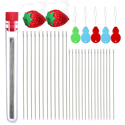 40 PCS Beading Needles, Seed Beads Needles Extra Fine Thin Beading Embroidery Needles Long Straight Beading Thread Needles for Bracelets Jewelry Making with Needle Threaders and Sewing Pin Cushion