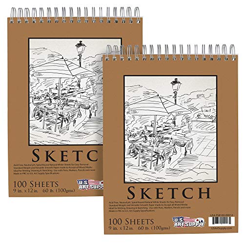 U.S. Art Supply 9' x 12' Premium Spiral Bound Sketch Pad, (Pack of 2 Pads) Each Pad has 100-Sheets, 60 Pound (100gsm) (Pack of 2 Pads)