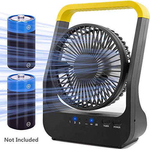 Battery Operated Fan, Super Long Lasting Battery Operated Fans for Camping, Portable D-Cell Battery Powered Desk Fan with Timer, 3 Speeds, Whisper Quiet, 180° Rotation, for Office,Bedroom,Outdoor, 5''