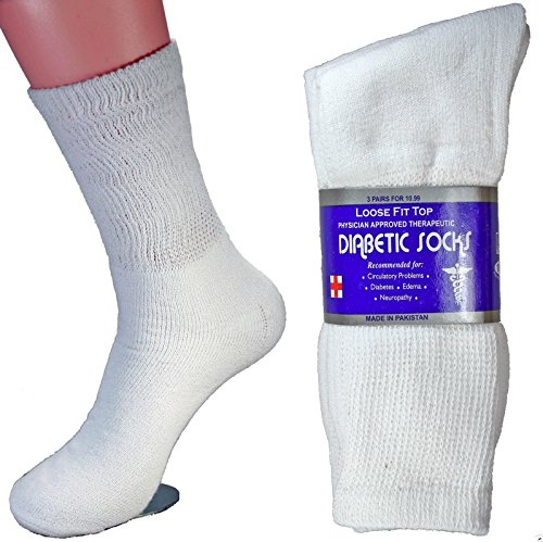 LM® 12 Pairs Diabetic Crew Socks Unisex 9-11, 10-13, 13-15 Black Grey White (10-13, White)