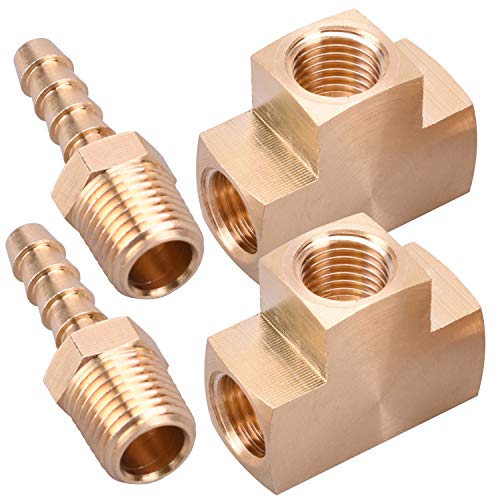 WYNNsky 2 Pieces 1/4 NPT Brass Tee Fittings, 2 Pieces 1/4 Inch Hose Barb with 1/4 Inch MNPT Threads, 4 Pieces Brass Pipe Fittings
