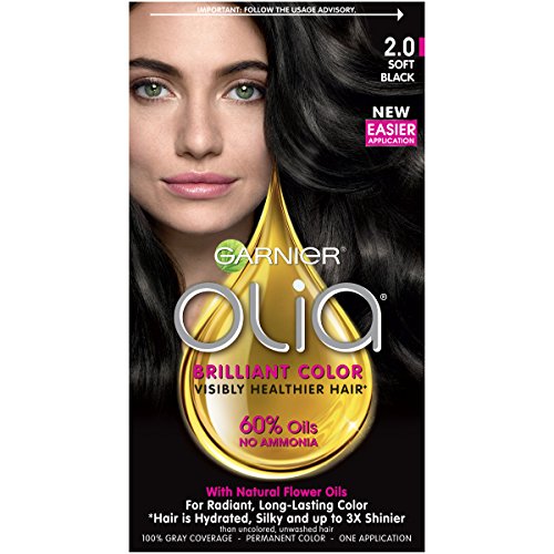 Garnier Olia Ammonia Free Permanent Hair Color, 100 Percent Gray Coverage (Packaging May Vary), 2.0 Soft Black Hair Dye, Pack of 1