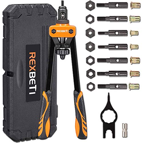 REXBETI 14' Rivet Nut Tool, Professional Rivet Setter Kit with 7 Metric & SAE Mandrels and 60pcs Rivnuts, Labor-Saving Design, Extra 1/4-20 mandrel with Rugged Carrying Case