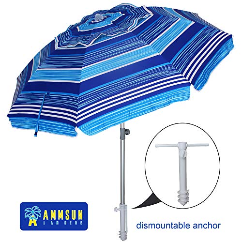 AMMSUN 7 ft Sand Anchor Beach Umbrella Adjustable Height with Tilt Aluminum Pole, Portable UV 50+ Protection Beach Umbrella for Outdoor Patio Blue