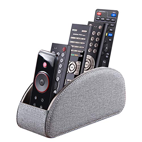 Remote Control Holder with 5 Compartments - PU Leather Remote Caddy Desktop Organizer Store TV, DVD, Blu-Ray, Media Player, Heater Controllers, Black (Gray)