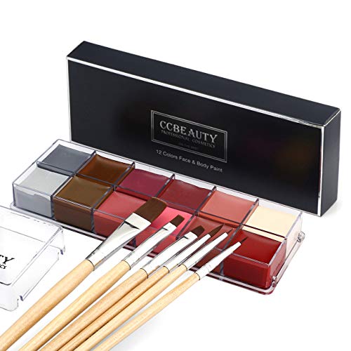CCbeauty Professional Face Paint Oil 12 Colors Halloween Body Art Party Fancy Make Up with 6 Wooden Brushes,Light
