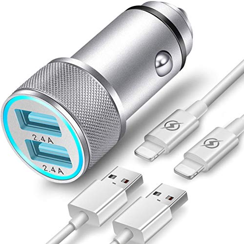 TIKALONG Car Charger Compatible with iPhone 11/XR/XS/X/Pro Max 8/7/6/6S Plus 5S/5C/SE2, iPad Air Mini Pro (2.4A Dual Port USB Car Charger with 2X 3ft Charging Cable) (3in1 Pack)