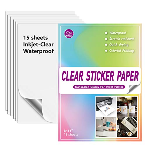 Waterproof Printable Vinyl Sticker Paper for Inkjet Printer - 15 Clear White Decal Paper Cricut Sheets A4 - Holds Ink Beautifully & Dries Quickly