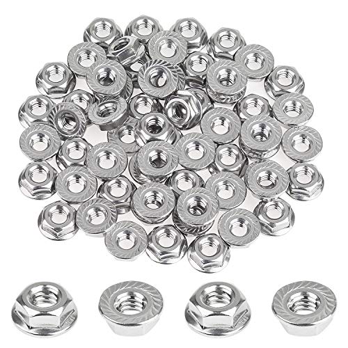 Powlankou 60 Pieces 1/4'-20 Stainless Hex Flange Nuts, Stainless Steel (304) 18-8 Flange Nuts