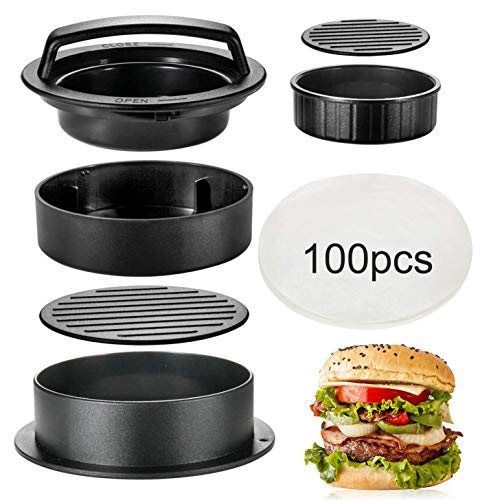 Hamburger Press Patty Maker, TAOUNOA 3 in 1 Non-Stick Burger Press for Making Delicious Burgers, Perfect Shaped Patties, for grilling and cooking, with 100 PCS Wax Paper.