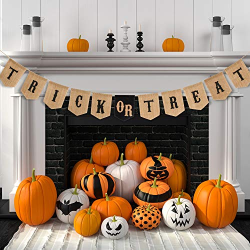 Whaline Halloween Trick or Treat Burlap Banner, Hanging Halloween Banner Home Decor Bunting Flag Fireplace Garland Halloween Party Decorations Supplies